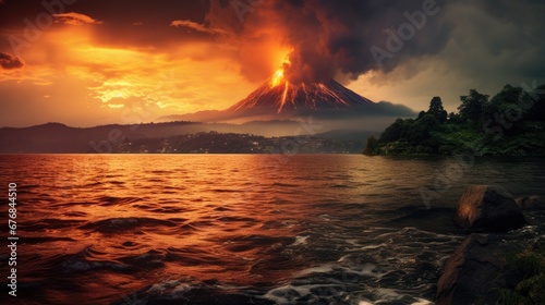 A view of the forest along the river with an erupting volcano.