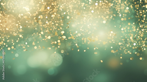 Golden glittering confetti against green colored background