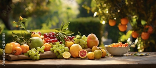 In the background of a lush green garden a wooden table is set with an assortment of fresh fruits including crisp apples and juicy oranges invitingly displaying the vibrant colors of summer 