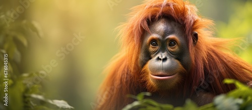 In the lush green park I captured a cute portrait of an adorable orangutan a mammal and primate with fiery red hair on its face a striking example of the wildlife in nature that is sadly en