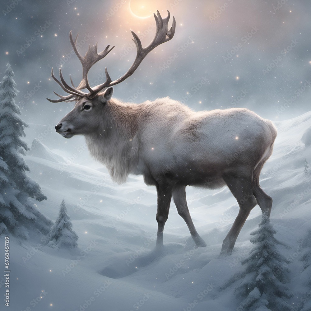 an elk walking through the snow with a full moon above an elk walking through the snow with a full moon above