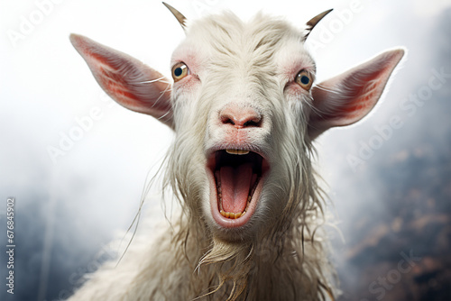 Portrait of a goat showing the tongue photo
