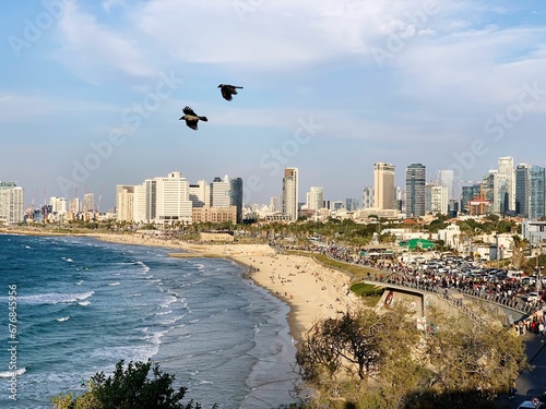 Canvas Print Crows flying over the beachline and sea with crowd on the street behind it and b
