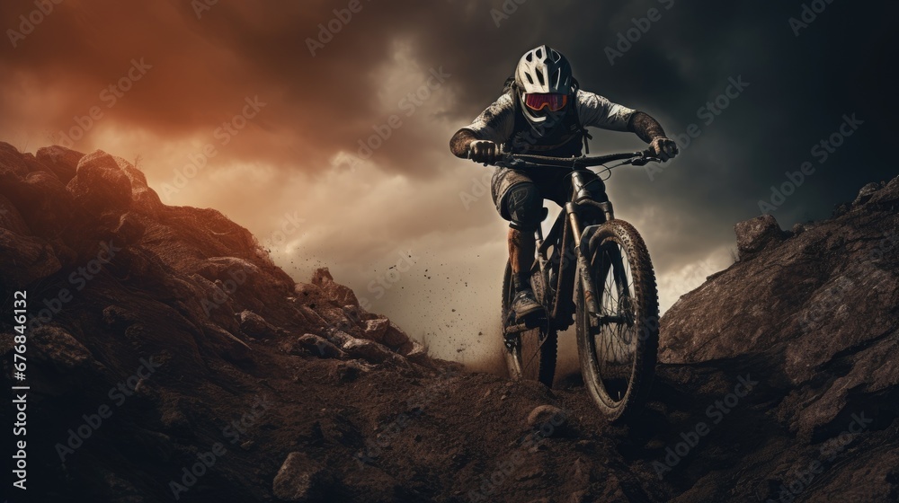 Mountain forest biker ride on sport bicycle wallpaper background
