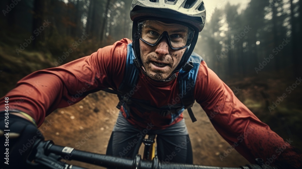 Mountain forest biker ride on sport bicycle wallpaper background
