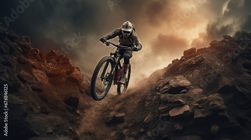 Mountain forest biker ride on sport bicycle wallpaper background 