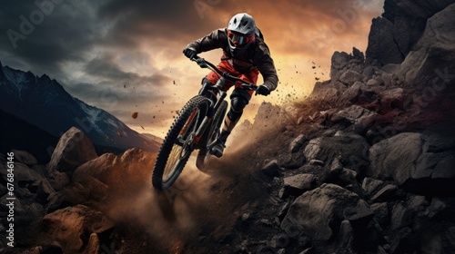 Mountain forest biker ride on sport bicycle wallpaper background  © Irina