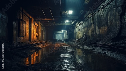 Urban abandoned dark tunnel dirty mine subway railway station wallpaper background photo