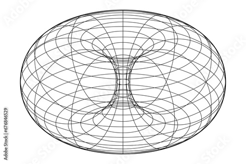Wire-frame of a ring torus, also donut or doughnut. In geometry, a surface of revolution generated by revolving a circle in 3D space one full revolution about an axis that is coplanar with the circle. photo
