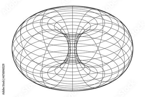 Wire-frame of a ring torus, also donut or doughnut. In geometry, a surface of revolution generated by revolving a circle in 3D space one full revolution about an axis that is coplanar with the circle.