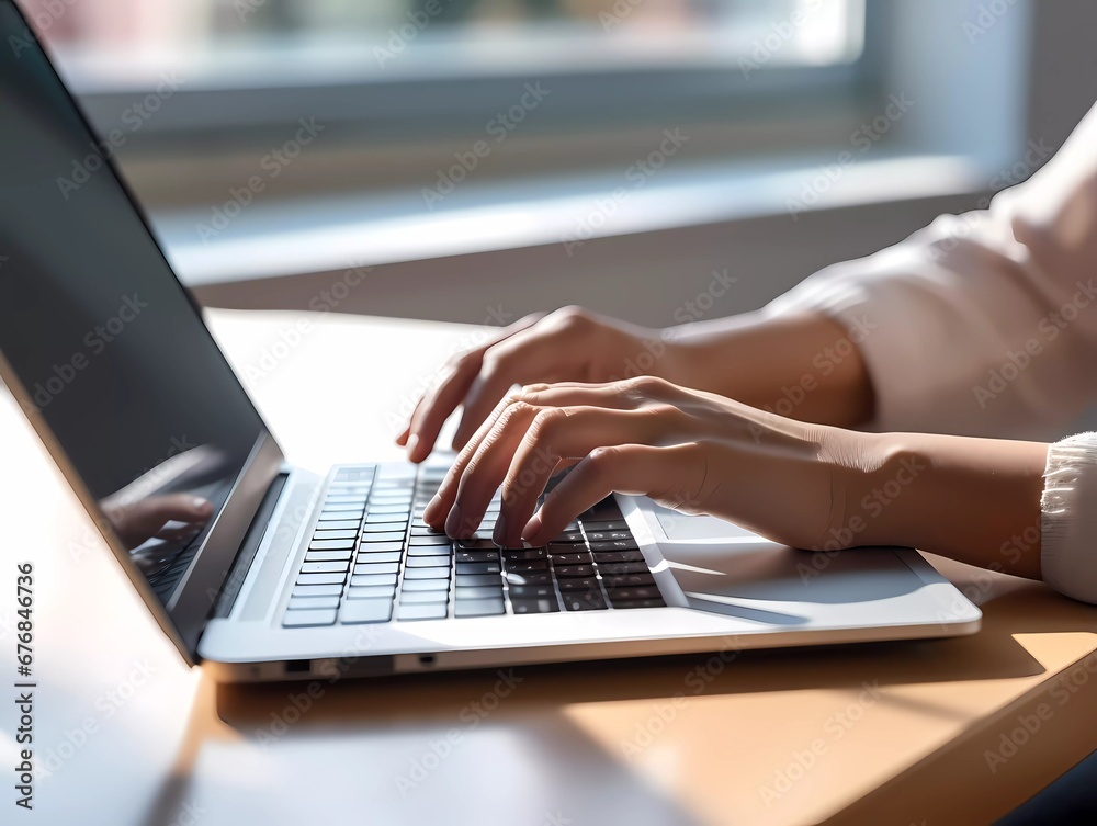 Humans hand typing on laptop keyboard. Blured morning background. Business concept image Humans hand typing on laptop keyboard. Blured morning background. Business concept image