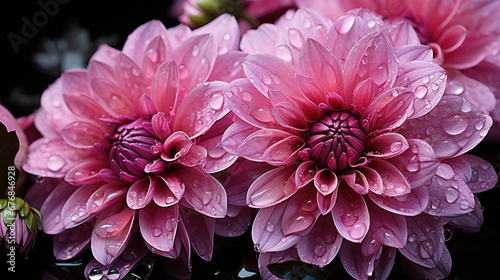 Beautiful pink dahlia flower with water drops on black background. Mother's day concept with a space for a text. Valentine day concept with a copy space.