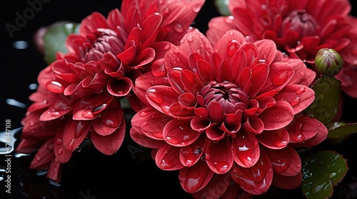 Red chrysanthemums on a black background with water drops. Mother's day concept with a space for a text. Valentine day concept with a copy space.