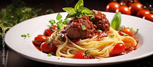In a white restaurant against a background of vibrant colors a delicious and healthy meal was served on a plate a plate filled with spaghetti and meatballs topped with rich tomato sauce and 