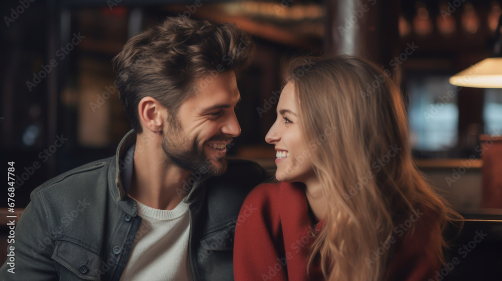Naklejka premium Bright happy couple smiling, lover in a coffee shop. Generative AI.