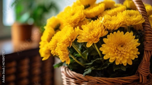 Yellow chrysanthemums in a basket on a wooden table. Mother's day concept with a space for a text. Valentine day concept with a copy space.