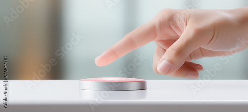 Close-up of pointing a red button on a table. Generative AI.