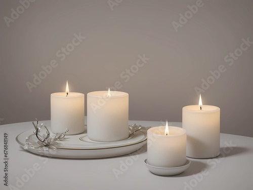 A white ceramic candle glows gracefully  its flame gently flickering in an inclined position.
