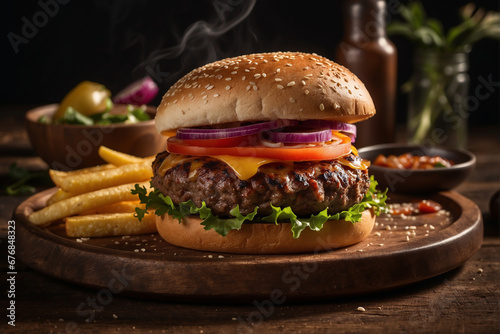 The photo of a delicious grilled hamburger on a wooden plate 