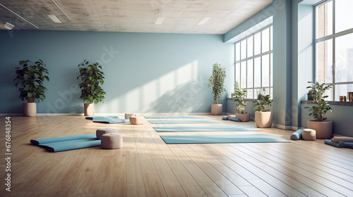 Interior of a yoga studio hall in blue colors. photo