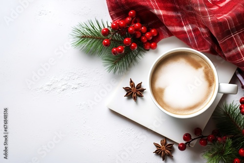 winter still life. blank christmas greeting card and hot cocoa