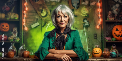 Beautiful Mature Lady in Witch Costume Strikes a Pose Against a Green Background, AI generated © artefacti