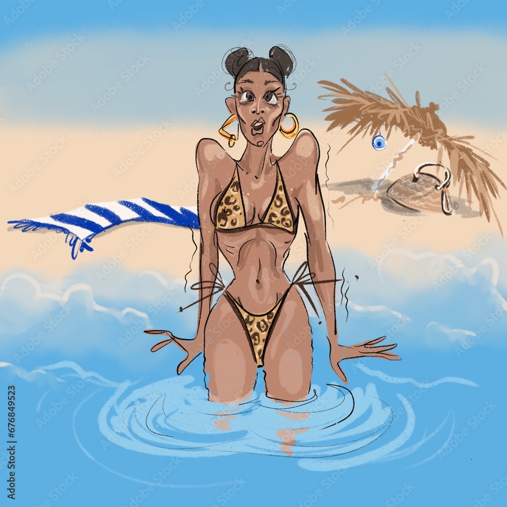 funny illustration of a young beautiful sexy girl in a bikini in the sea in the cold on the background of the beach. High quality 