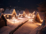 A winter village scene with houses covered in snow and twinkling lights