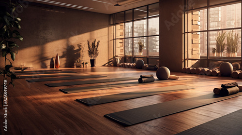 Interior of a yoga studio hall in brown tones.