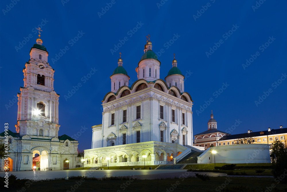 View of the Astrakhan Kremlin with the Cathedral of the Assumption, the bell tower and lobnoye place in the evening. Astrakhan, Russia