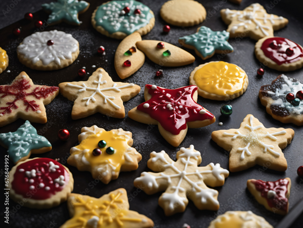 Close-up of Christmas cookies on a baking sheet with festive decorations