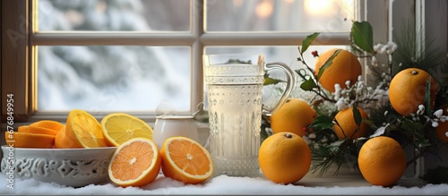During the winter holiday season enjoying a warm cup of tea in the background of a white Christmas brings a sense of coziness especially when paired with a breakfast of nutritious fruit like photo