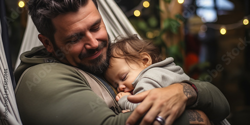 Father's Tender Moments: Rocking Baby Boy to Sleep at Home