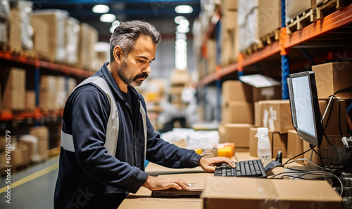 Efficient Male Warehouse Staff Checks Orders on Computer photo
