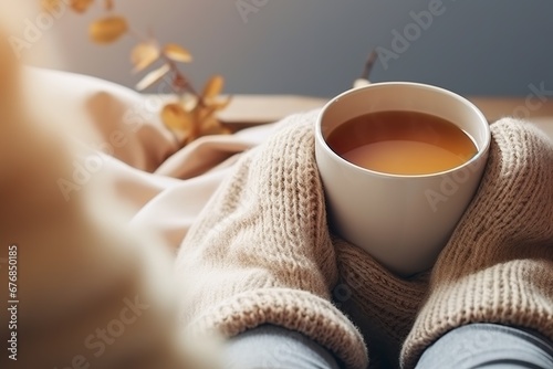 Woman with cup of tea wearing warm socks in comfortable home