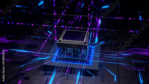 Illuminated Microprocessor: A Visualization of Digital Pulses Propagating on a Futuristic Motherboard.