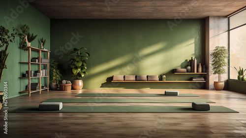 Interior of a yoga studio hall in green colors. photo