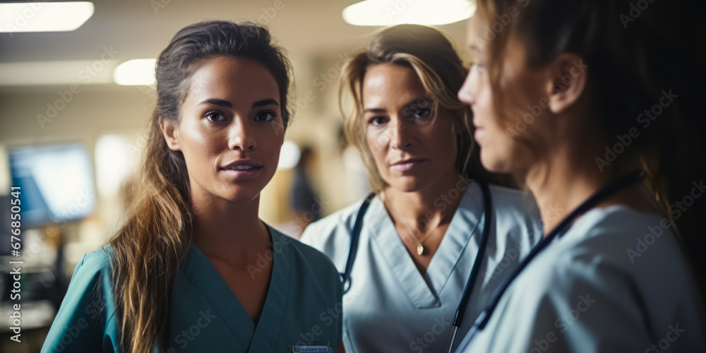 Obraz premium Healthcare Teamwork: Female Doctor and Nurse Discussing in Hospital Corridor