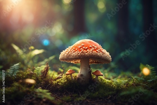 Mystery mushroom on the bump. Fairytale background with mystic mushroom. ai generative