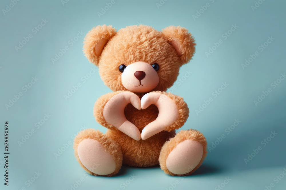 Photo of adorable teddy Bear two arms demonstrate heart shape isolated on color background. ai generative
