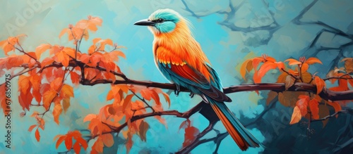 In the lush green forest a vibrant orange tree stood tall its branches swaying with the gentle breeze Against the backdrop of the blue sky a colorful bird with striking red feathers perched  © TheWaterMeloonProjec