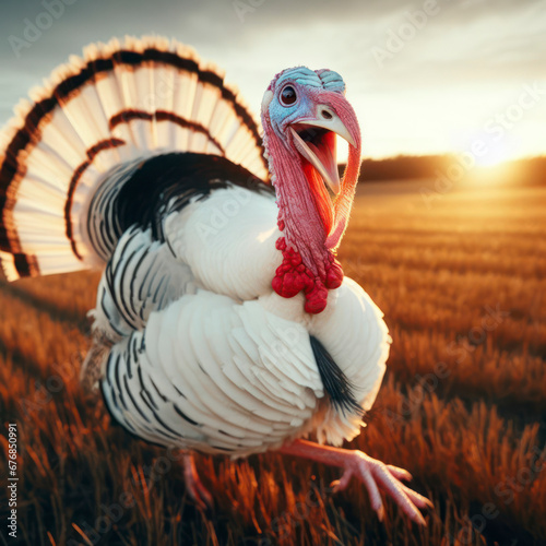 photo of a turkey running with sunny face. ai generative photo