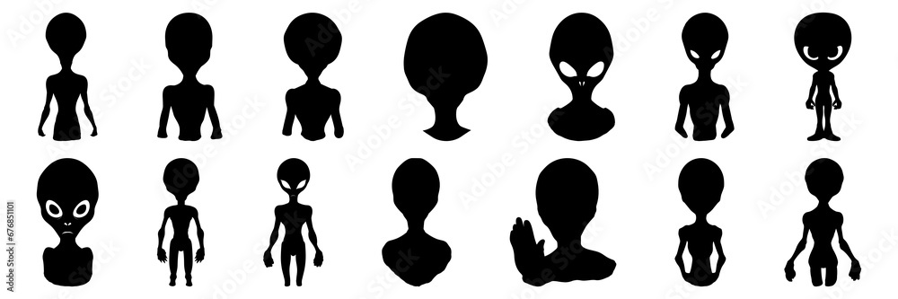 Alien silhouettes set, large pack of vector silhouette design, isolated white background Alien silhouettes set, large pack of vector silhouette design, isolated white background