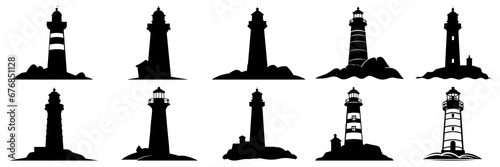 Lighthouse silhouettes set, large pack of vector silhouette design, isolated white background