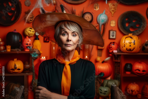 Beautiful Mature Lady in Witch Costume Poses Against an Orange Background, AI generated