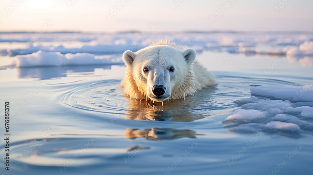 Polar bear (Ursus maritimus) swims in the sea, among the ice, at the poles. Selective focus on the head. 