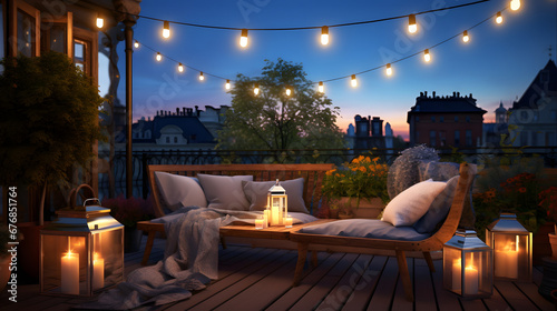 View over cozy outdoor terrace with outdoor string lights. Autumn evening on the roof terrace of a beautiful house with lanterns, digital ai art