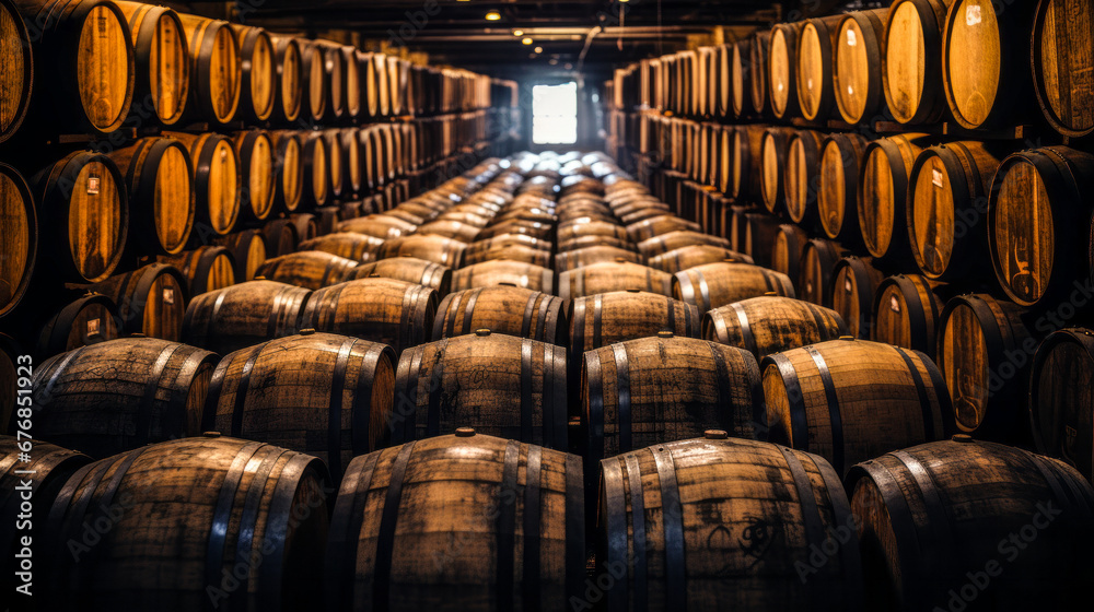 Obraz premium Age-Old Tradition: Whiskey, Bourbon, and Scotch Barrels in Aging Cellar