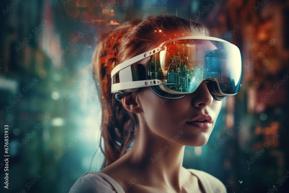 Metaverse technology concept, Woman with VR, AI generated