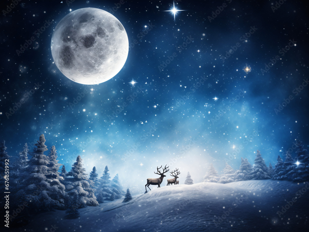 Magical starry night sky with Santa's sleigh and reindeer flying across the moon Magical starry night sky with Santa's sleigh and reindeer flying across the moon